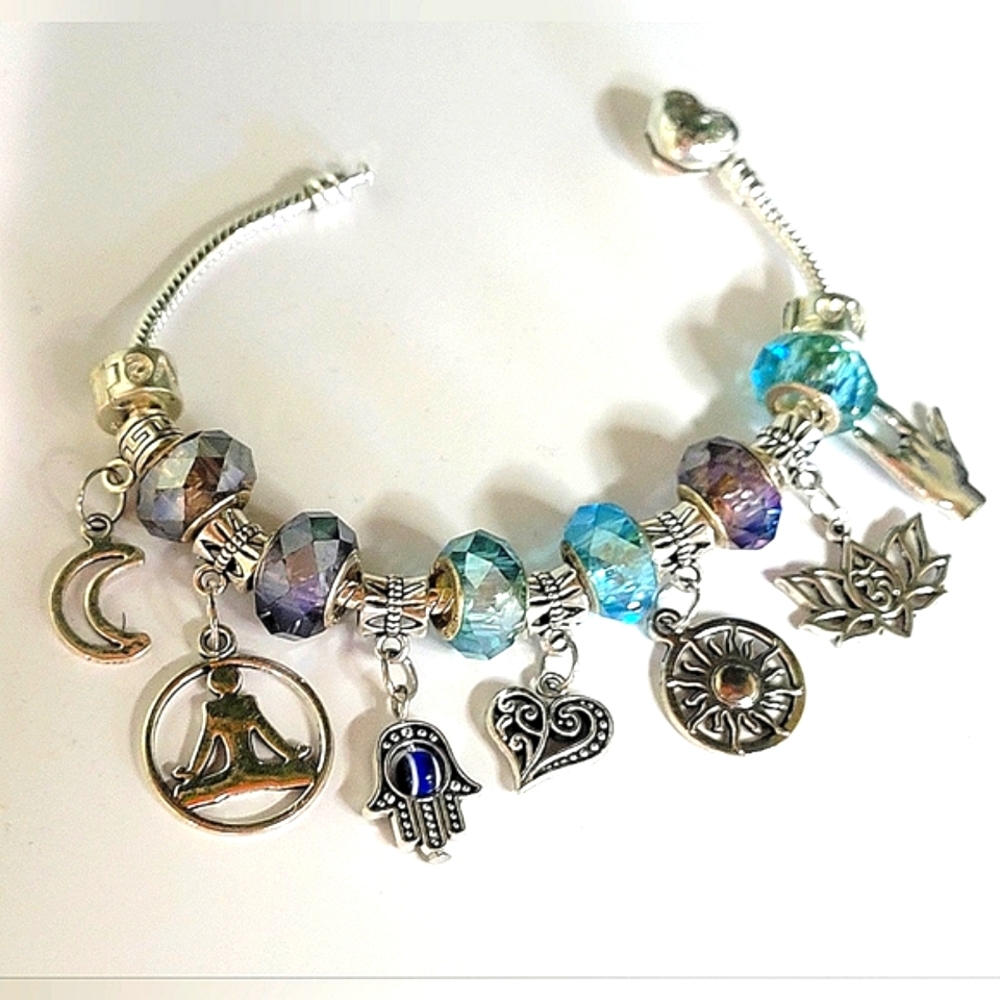 15 Charms! PEACE HOPE LOVE LOTUS MOON SUN YOGA BRACELET W AQUA+BLUE CRYSTALS++